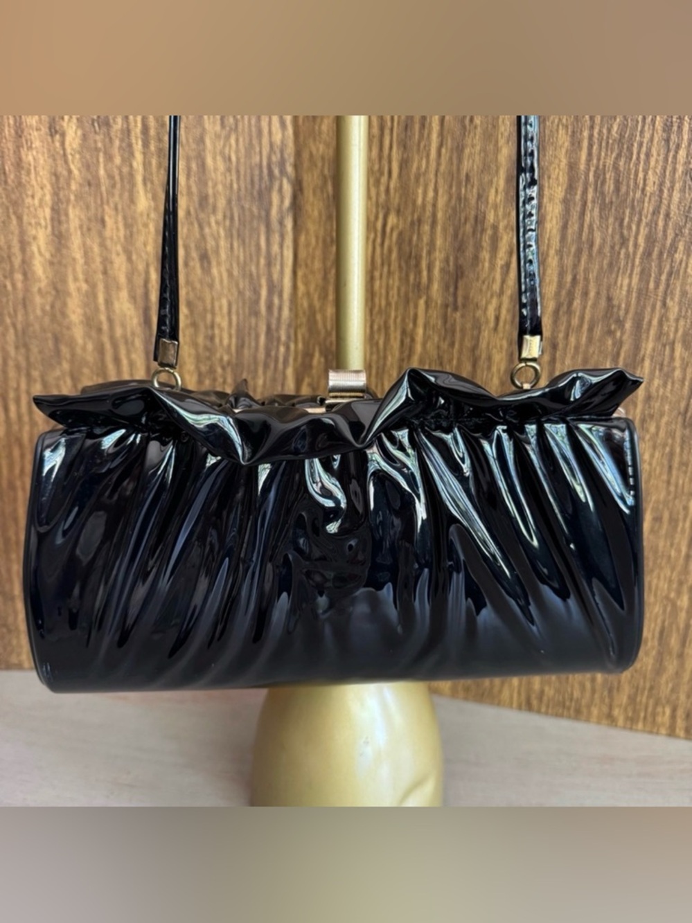 Vintage Black Vinyl Patent Crossbody Evening‎ Bag Cocktail Purse